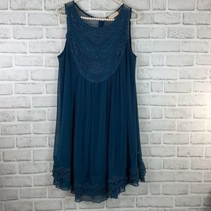 Altar’d State Sheer Sleeveless Flowing Dress Lace Detailing Blue Size Large